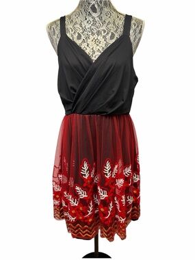 DressFo US 14 Black Red Embroidered Mesh Sleeveless Cocktail Party Dress